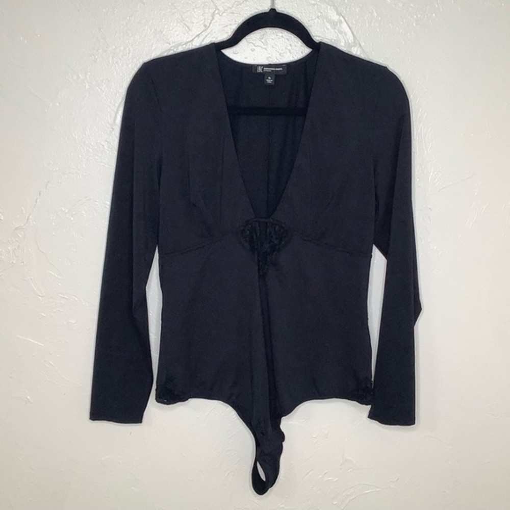 INC international concepts plunge v neck lace front black bodysuit size XL EUC